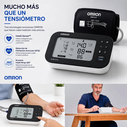Monitor de presión arterial OMRON M7 Intelli IT destacando las tecnologías Intelli Sense, detección de fibrilación auricular e Intelli Wrap 360°.