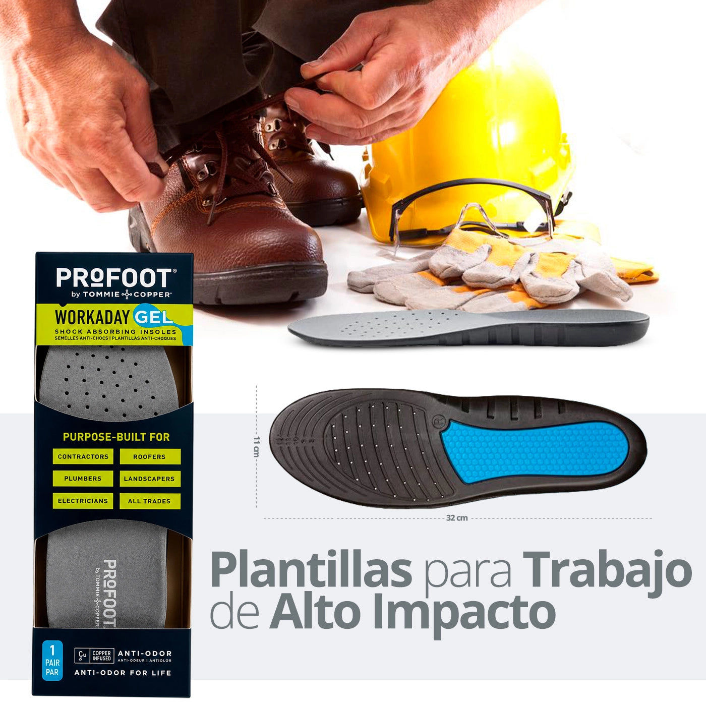 Plantillas Profoot Workday Gel para trabajo de alto impacto con amortiguación y absorción de impactos
