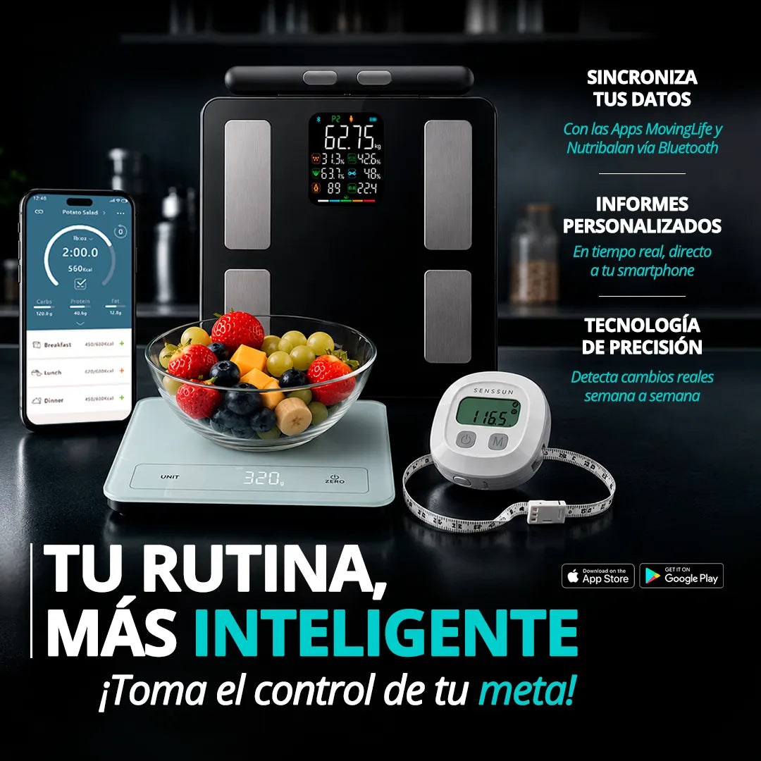 Soluciones inteligentes Senssun para seguimiento de peso, medidas corporales y alimentación desde aplicaciones móviles.