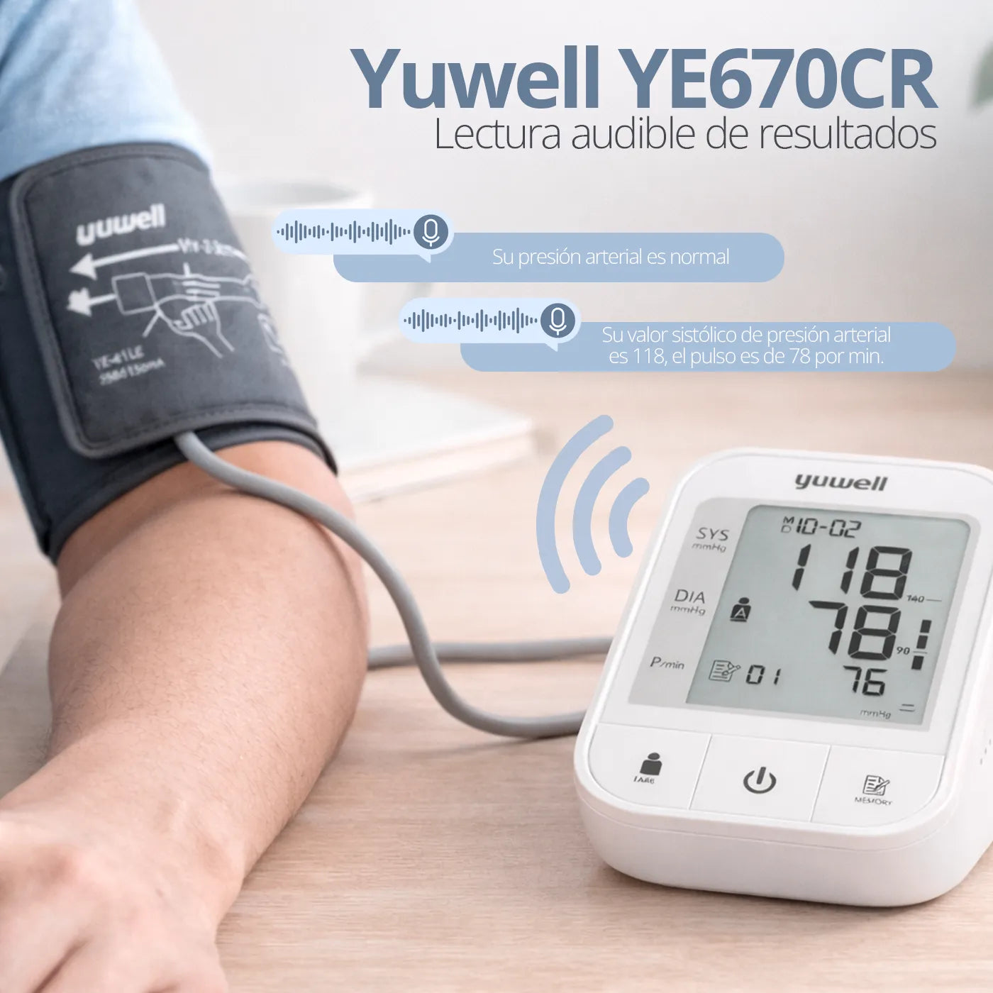 Yuwell YE670CR con función de voz que anuncia los resultados automáticamente