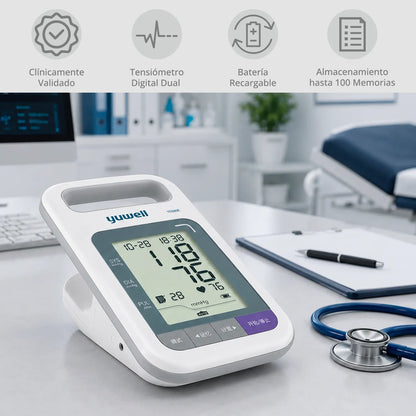 Tensiómetro digital profesional Yuwell YE680E Dual ambientado en escritorio clínico moderno.