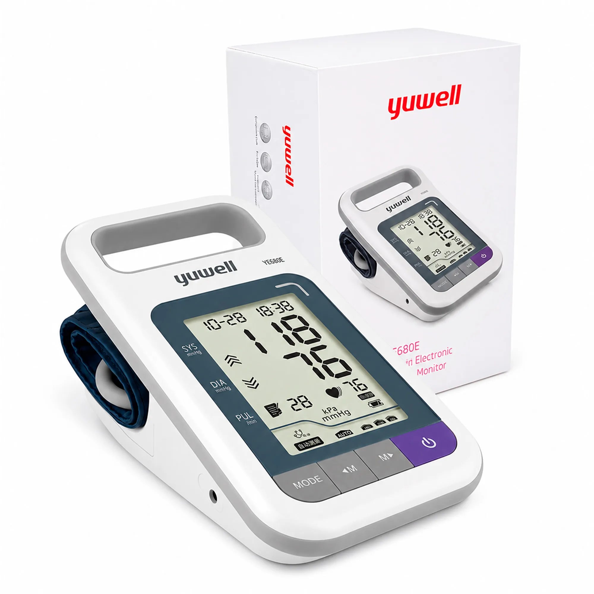 Tensiómetro digital Yuwell YE680E Dual con pantalla LCD y caja original en fondo blanco tipo estudio.